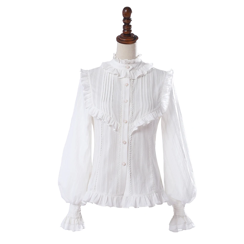 1pc Ladies Retro Ruffled Blouse White Victorian Collared Tops Long Sleeve Shirts