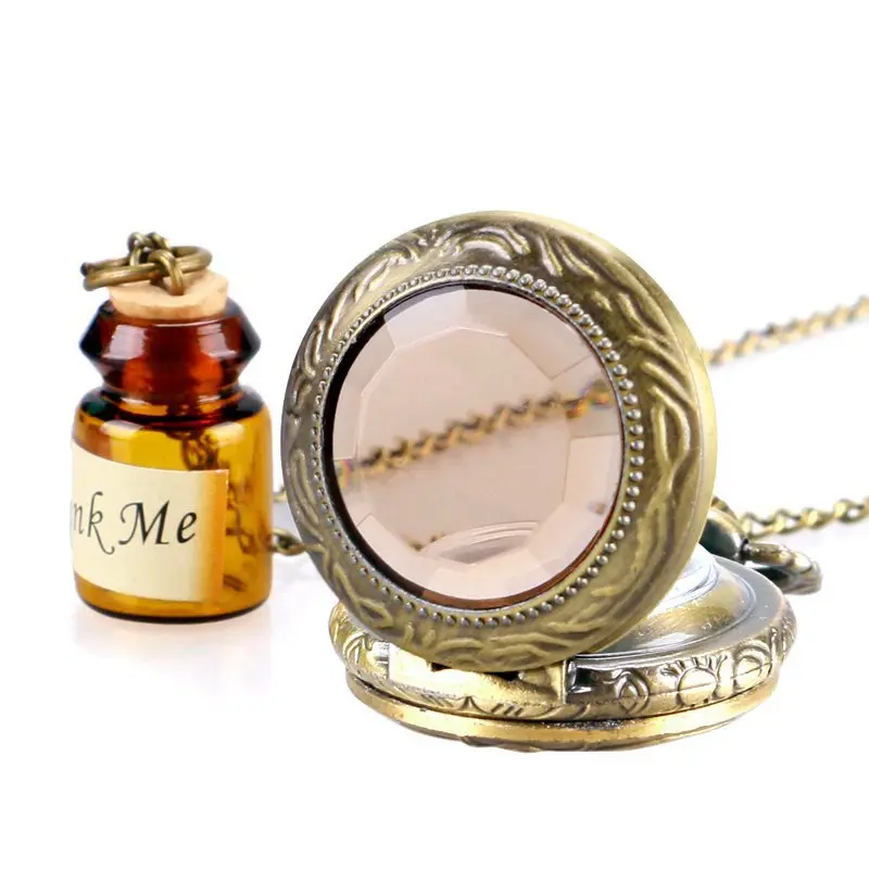 Alice in Wonderland Mad Hatter Rabbit Drink Me Tag Quartz Pocket Watch Dark Brown Glass Necklace Pendant Gifts for Women Girls 2019 2020 2021 2022 (3)