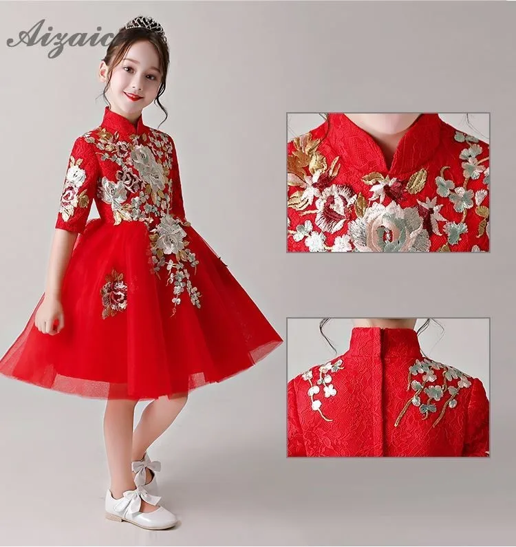 Детская одежда Cheongsam детское платье кружевное платье Ципао красного цвета принцесс вечерние платья с вышивкой в китайском одежда на год Qi Pao
