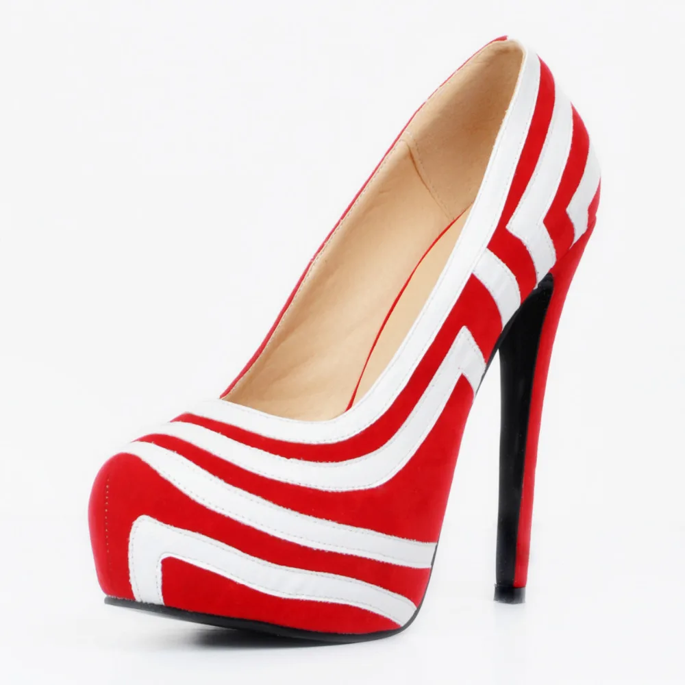 

Red And White Strap Platform High Heel Women Shoes Female Pumps Slip-On 14Cm Heel Plus Size Round Toe Prom Heels For Sexy Party