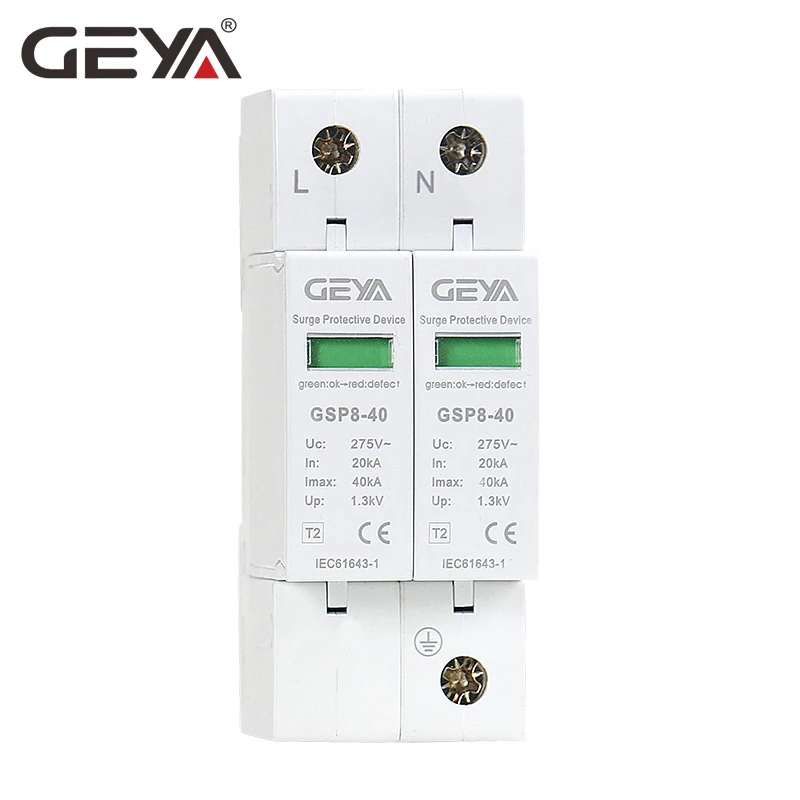 

GEYA GSP8-2P Din Rail SPD AC275V AC385V 400V 440V 20KA-40KA SPD 2P House Surge Protection Device Low-voltage Arrester Device