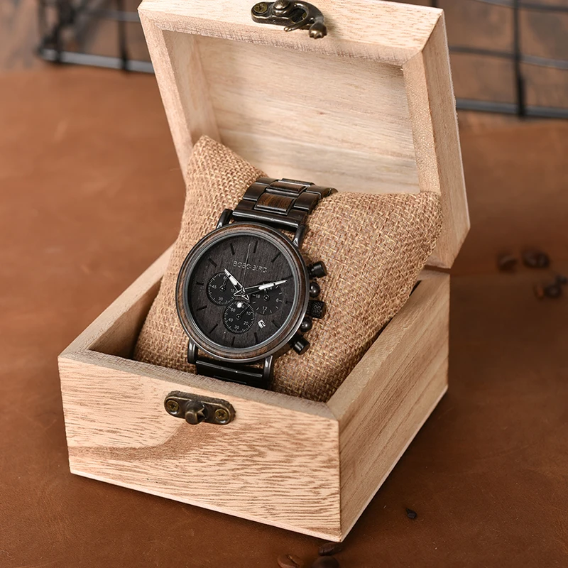 BOBO BIRD Chronograph Men Watch Wooden Luxury Stainless Steel Quartz Wristwatches with Calendar erkek kuvars saatler