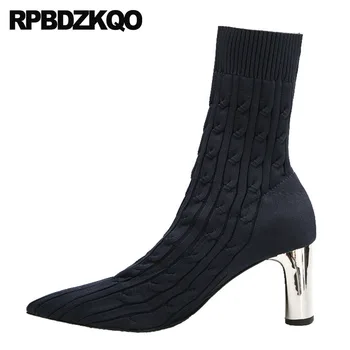 

Designer Navy Blue Slip On Slim Mid Calf High Heel Metal Boots Thick Knit Stretch Shoes Pointed Toe Sock Women Fashion Chunky