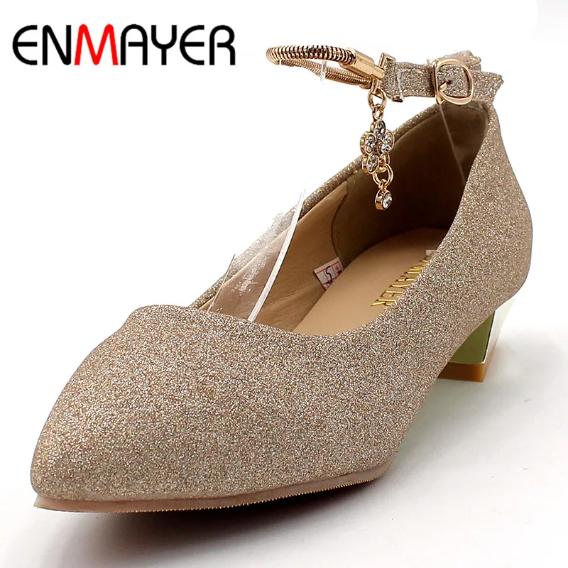 

ENMAYER Buckle Strap Shallow Pumps Shoes Woman Low Heels Pointed Toe Spring&Antumn Square Heel Plus Size 34-43 Party Dress Shoes