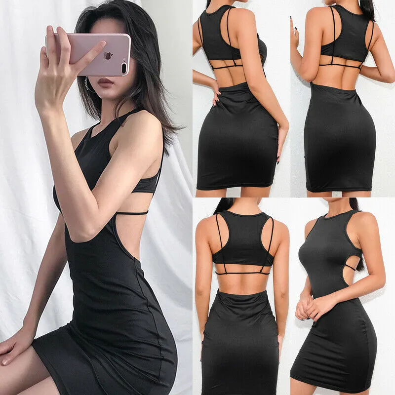 

2019 Women Summer Casual Cotton Hollow Backless Bandage Black Dress Sexy Party Night Elegant Mini Dress