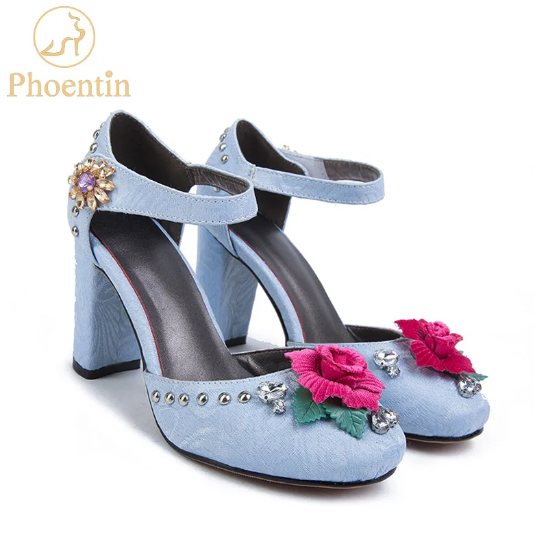Phoentin Blue Wedding Shoes 2019 Bride Jacquard Fabric Mary Jane