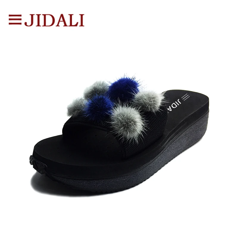 

JIDALI Fashion Furry Balls Black Flip Flop Women Shoes High EVA Bling Outside Wedges Platform Sport Sandals Summer Size 35-39