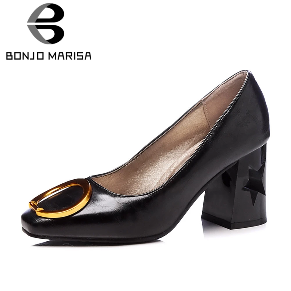 

BONJOMARISA Plus Size 32-48 New Metal Decoration Square High Heels Fretwork Shoes Woman Office Lady Retro Spring Autumn Pumps