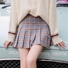 Консервативный стиль, Женские клетчатые плиссированные юбки с безопасными шортами, мини-юбка с высокой талией, шорты, 3 цвета