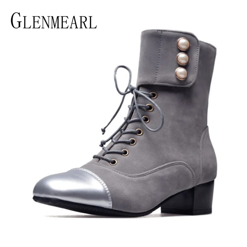 

Women Boots Winter Shoes Warm Chunky High Heels Ankle Martin Boots Woman Black Pearl Lace Up Female Short Boots Plus Size DE