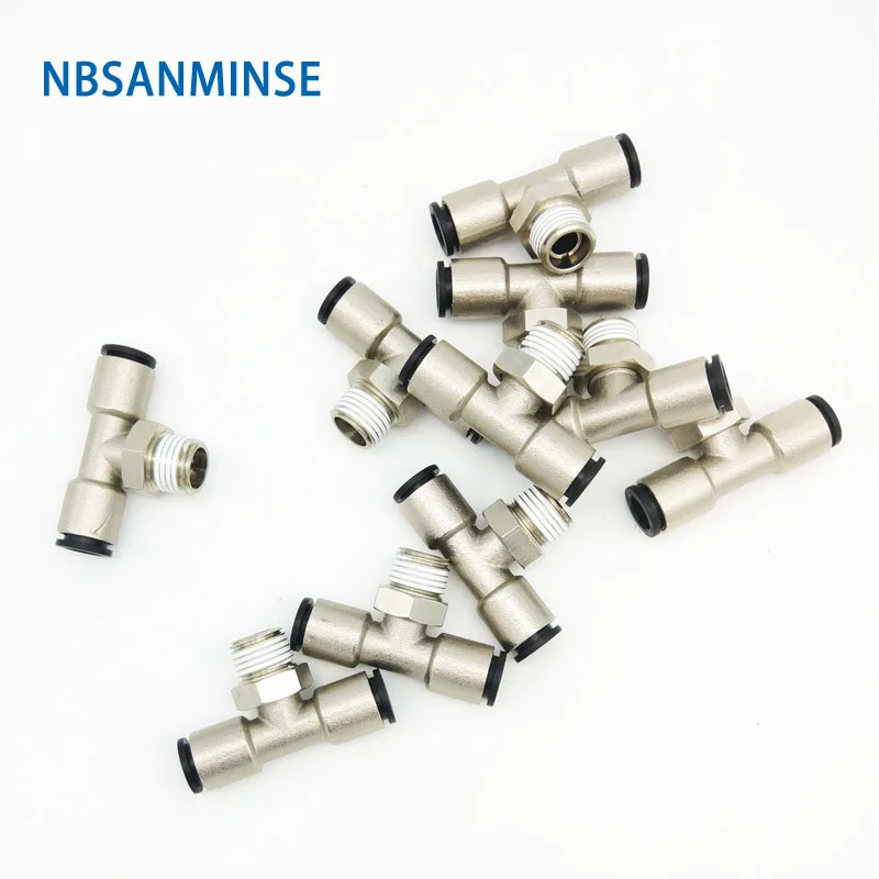 NBSANMINSE 10Pcs/Lot PBP M5 1/8 1/4 3/8 1/2 Male Branch Tee Brass Fitting With Plastic Sleeve Air Fitting Pneumatic