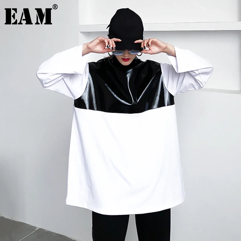 

[EAM] 2019 New Autumn Winter Round Neck Long Sleeve Loose Turtleneck Leather Stitching Hit Color T-shirt Women Fashion 1C037