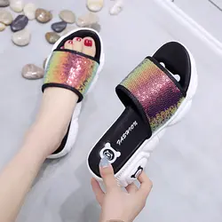 Женские шлёпанцы для женщин 2019 zapatillas mujer пайетки блестки блесток смешанные цвета на платформе с открытым носком клиновидные каблуки 5 см