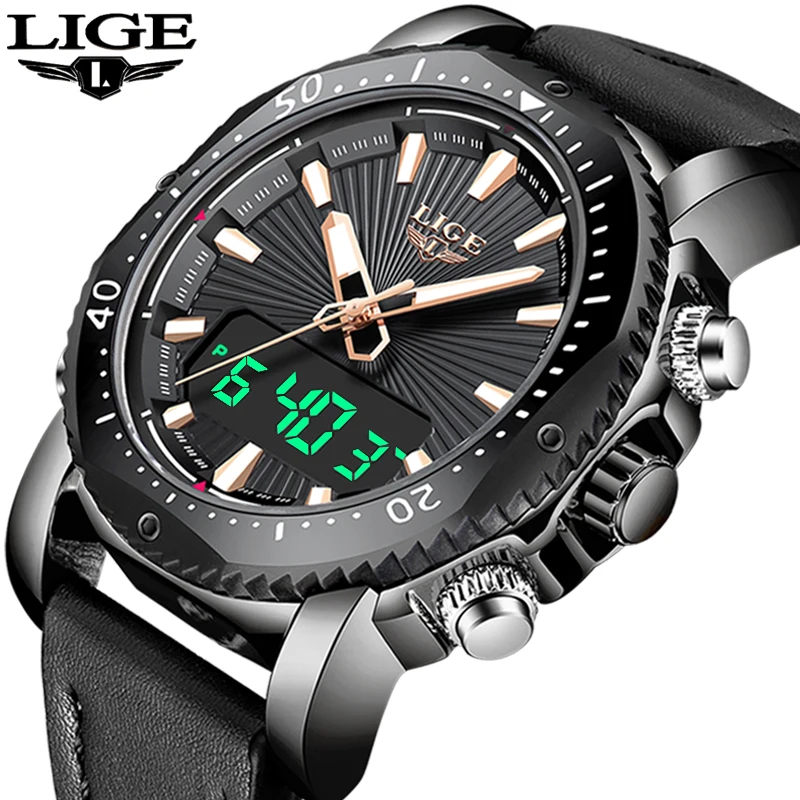 

LIGE Mens Watches Top Brand Men's Sport Quartz Watch Military Waterproof Automatic Date Leather Mens LED Clock Relogio Masculino