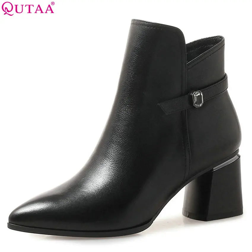 Женские ботинки QUTAA черные зимние из коровьей кожи на платформе с высоким
