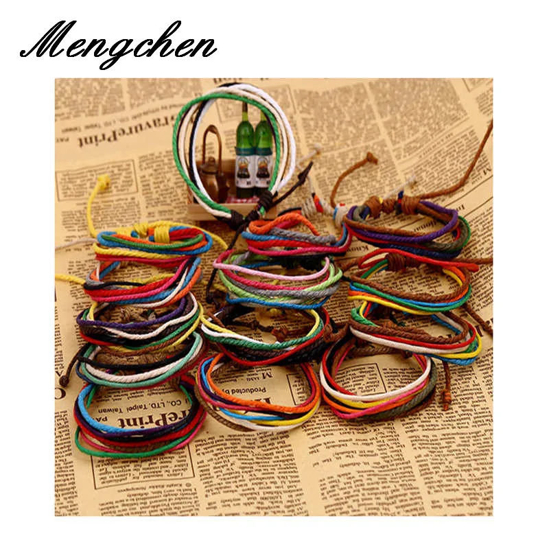 

12Pcs/Lot Handmade Woven Colorful Hemp Cord Multilayer Adjustable Leather Braided Bracelet