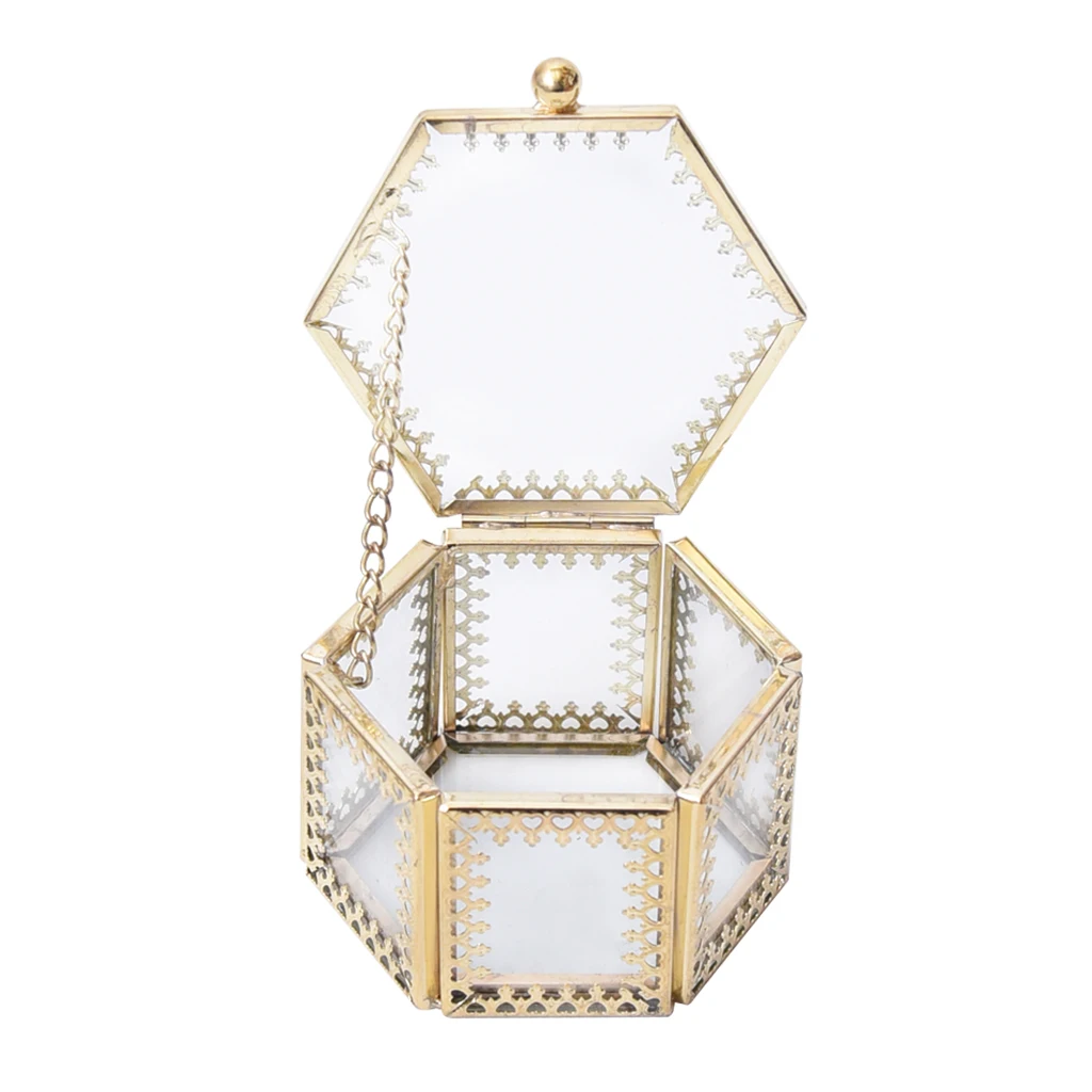 Transparent Mini Glass Hexagonal Shape Heart Jewelry Earring Ring Showcase Holder Box Wedding Party