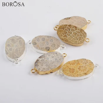 

BOROSA 5PCS Silver Plated Chrysanthemum Stone Connectors Natural Coral Fossils Big Stone Charm Women Bracelet Boho Gifts G1816