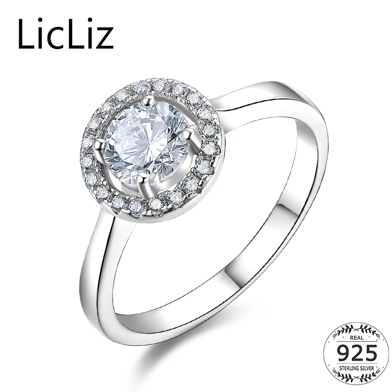 

LicLiz 6mm 925 Sterling Silver Cubic Zirconia Rings For Women Wedding Band Cocktail Round CZ Pave Halo Solitaire Ring LR0425