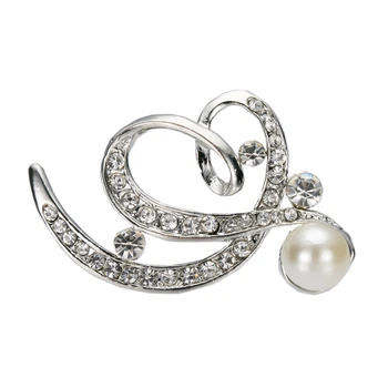 

Rhodium Silver Tone Cut-out Heart Brooch Pins with Cream Pearls and Crystals