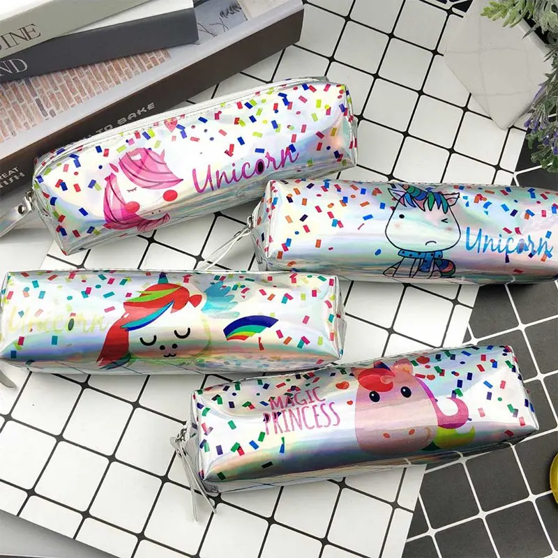 

Holographic Laser Pen Bag Cute Unicorn Plant Pencil Case For Student Large Capacity PU Leather Pen Box School Supply