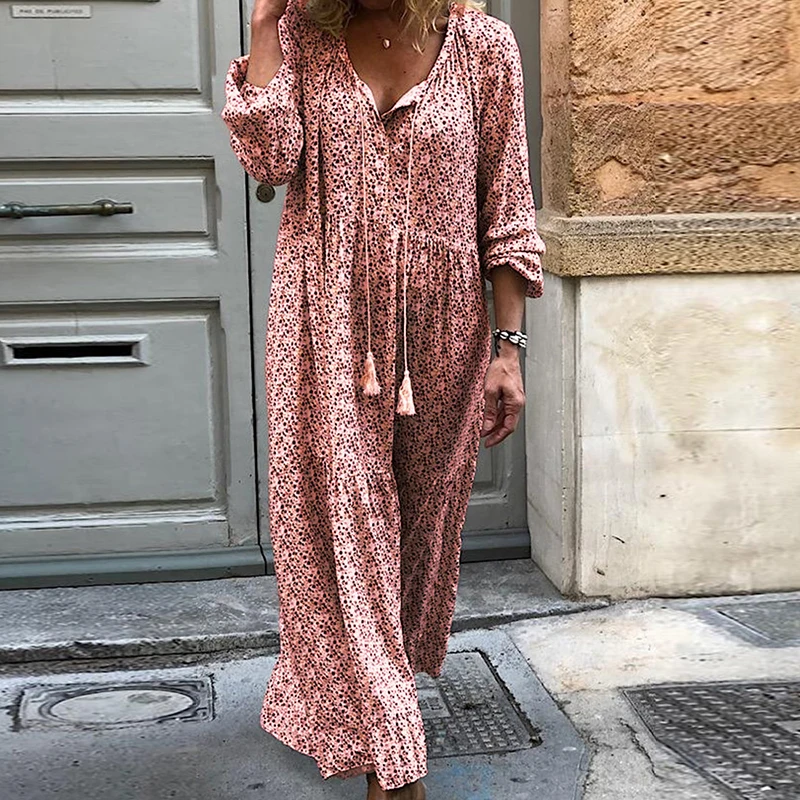 

Elegant Women Dress Casual Flower Print Long Sleeve Loose V Neck Stylish Beach Straight Bohemia Polyester Party Dress Hot New