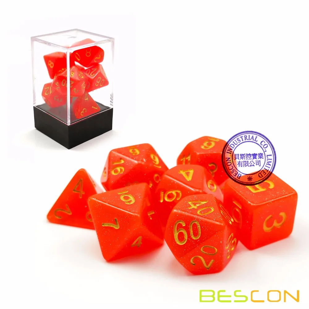 Bescon интенсивный блеск игральные кости DND, кисточки, набор из 7 шт, тёмно-красный, Новые блестящие ролевые игры Набор кубиков d4 d6 d8 d10 d12 d20 d%, коробка в форме лего-блока упаковка