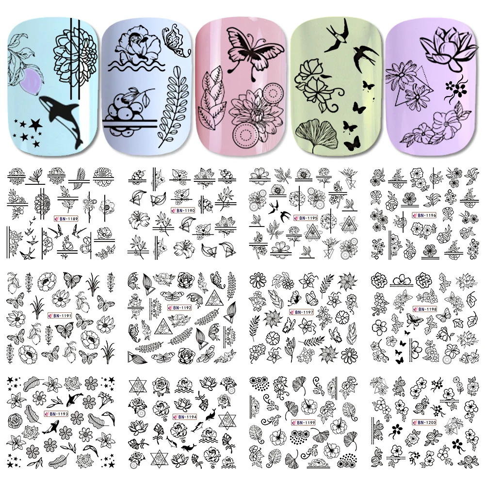 12 видов конструкций Переводные картинки с черной водой, белые наклейки с бабочками и джунглями, наклейки с листьями розы и пиона, Слайдеры для дизайна ногтей, тату-BEBN1189-1200