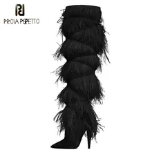 Prova perfetto runway botas femininas de penas borla camurça sobre o joelho botas para mulher sexy sapatos de festa saltos altos botas