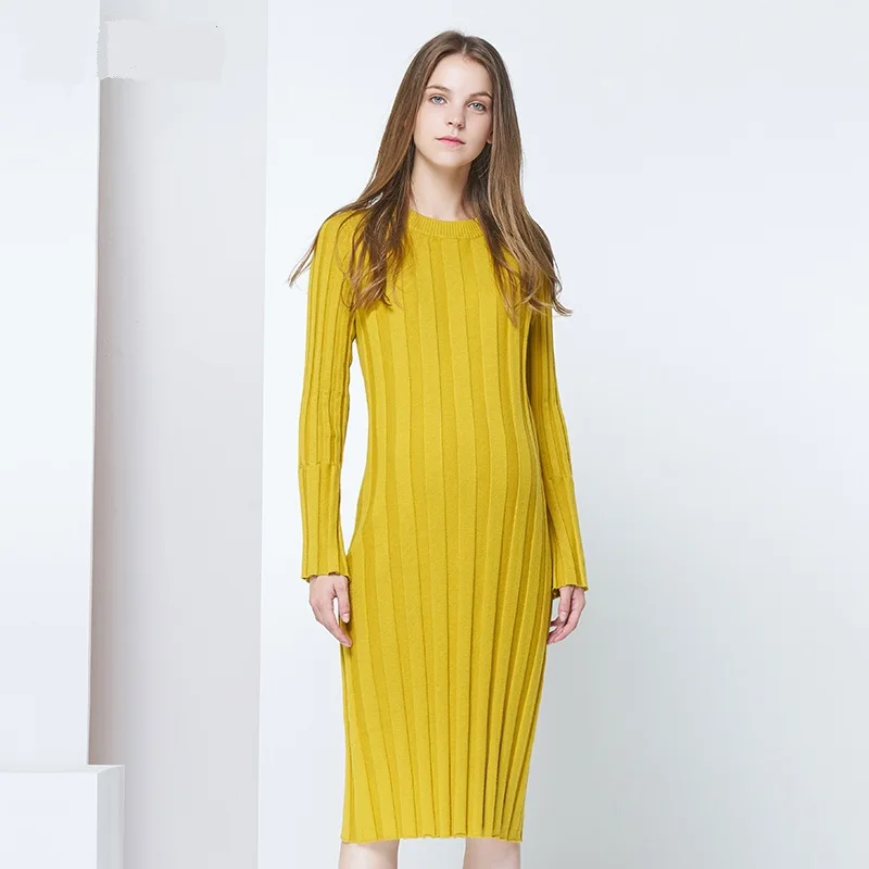 High quality Autumn Winter O Neck Yellow Maternity Dress Elegant