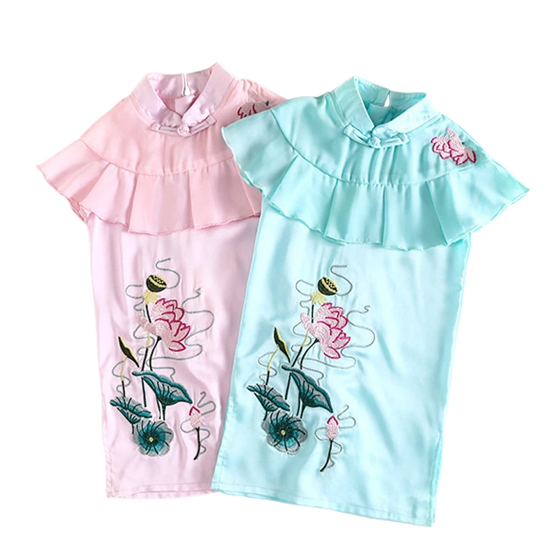 Китайский стиль вышитое платье-чанпао возраст для маленьких детей в возрасте от 2 до 12 лет платье для маленьких девочек с оборками в китайском стиле с традиционный старинный народный костюм