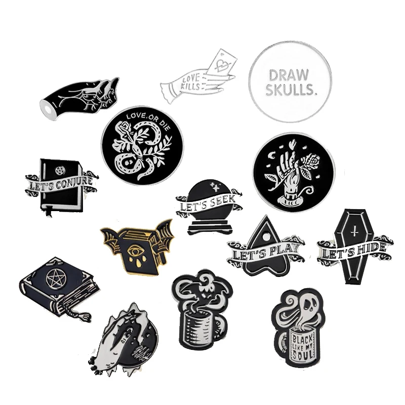 

Magical Bizarre Devil ghost have wing coffin Enamel metal book of crystal brooch jewelry enamel pin for Halloween gift