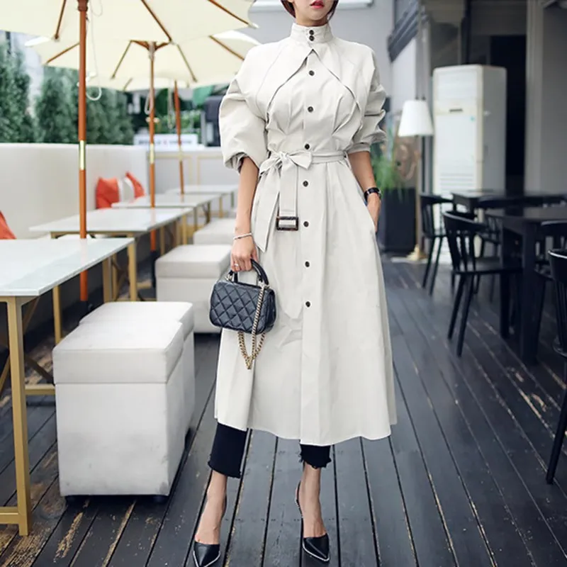 

Casual Stand Collar Lantern Sleeve High Waist Loose Windbreaker Overcoat Women Spring Long Trench Elegant Sashes Coat QH274