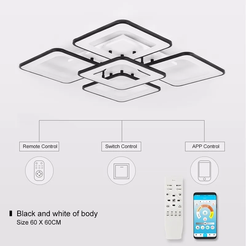 Современный светодиодный светильник-Люстра для гостиной, квадратная черная домашняя кухонная лампа с пультом дистанционного управления для спальни - Цвет абажура: Black and white