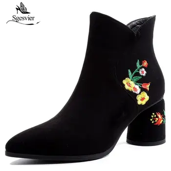 

Sgesvier women shoes 2018 new fashion flock high strange style pointed toe zipper embroider winter outdoor warm ankle boots