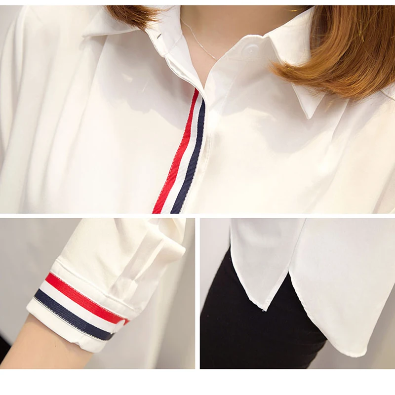 shintimes Long Sleeve White Blouse Striped Spliced Shirt Women Clothes 2019 Cotton Korean Style Lad