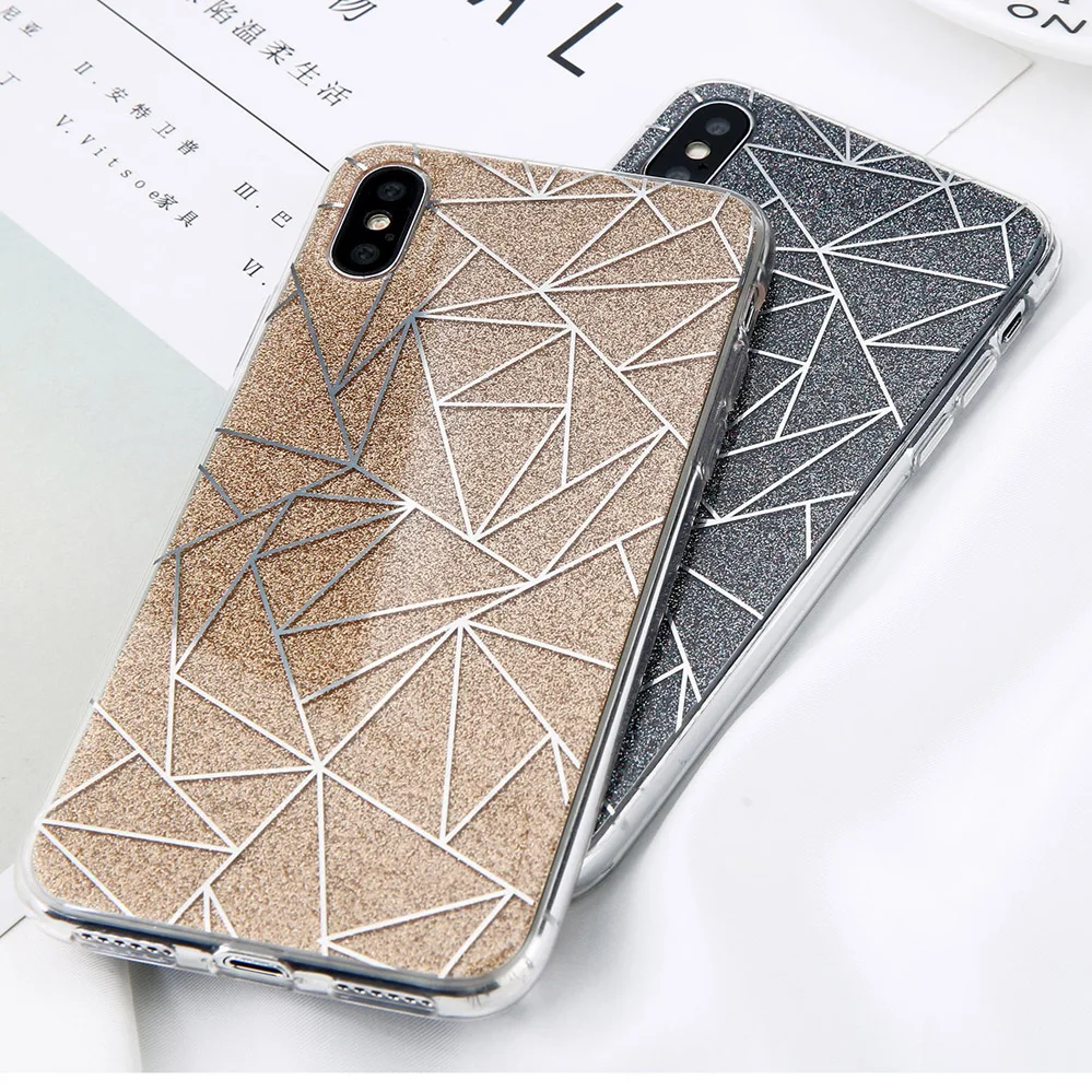 Phone - Glitter Bling Powder Phone Case For iPhone X Geometric Lines Hard PC Back Cover Cases For iPhone 8 7 6 6s Plus 5 5s SE