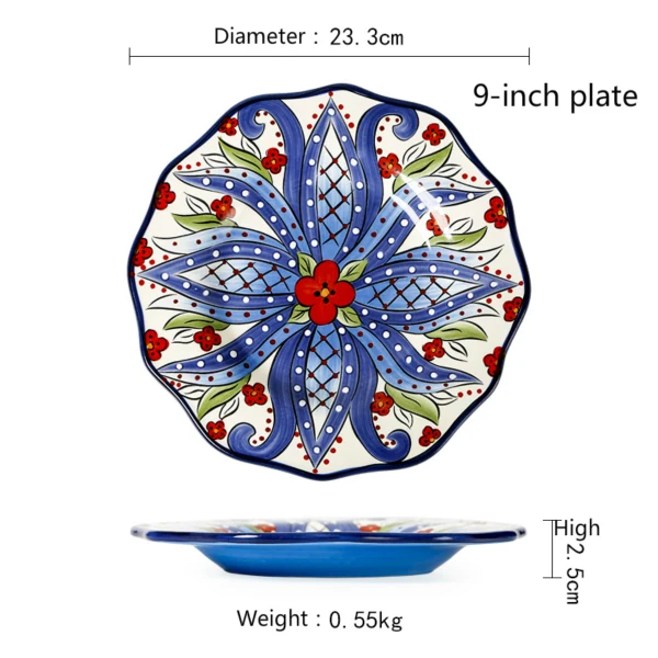 Европейский синий узор набор керамической посуды Ручная роспись большая Квадратная тарелка западное блюдо для стейков круглые тарелки Салат чаша кружка - Цвет: 9 inch-Round plate