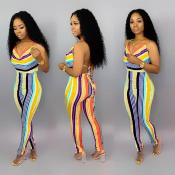

2019 Summer Sexy V Neck Colorful Striped Strapless Strap Sleeveless Pants Women Casual Long Jumpsuits