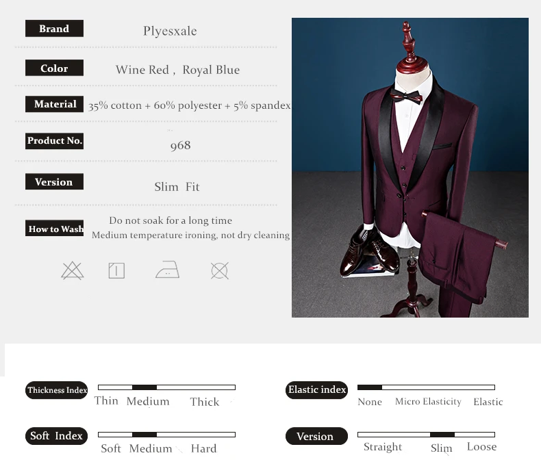 Plyesxale мужской костюм свадебные костюмы для мужчин шаль воротник 3 штуки приталенный бордовый костюм мужской Королевский синий смокинг куртка Q83