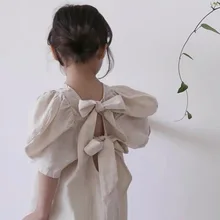 Летнее платье для девочек, детское модное платье принцессы с бантом в Корейском стиле