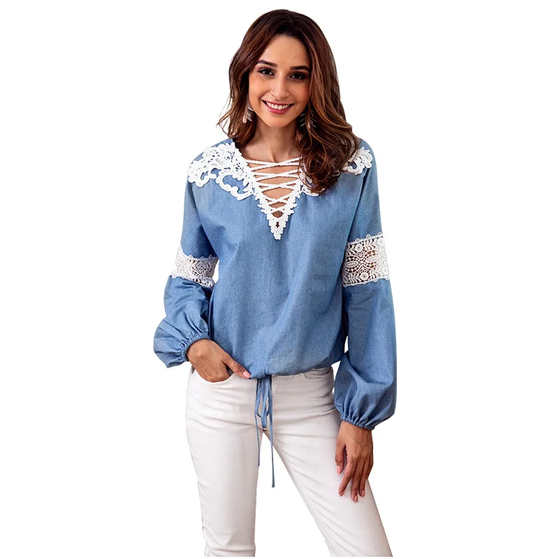 

WHZHM Elegant V-Neck Denim Floral Lace Blouse Women Hollow out Ladies Casual Blouse Female Lace Full Sleeve Flower Vadim Tops