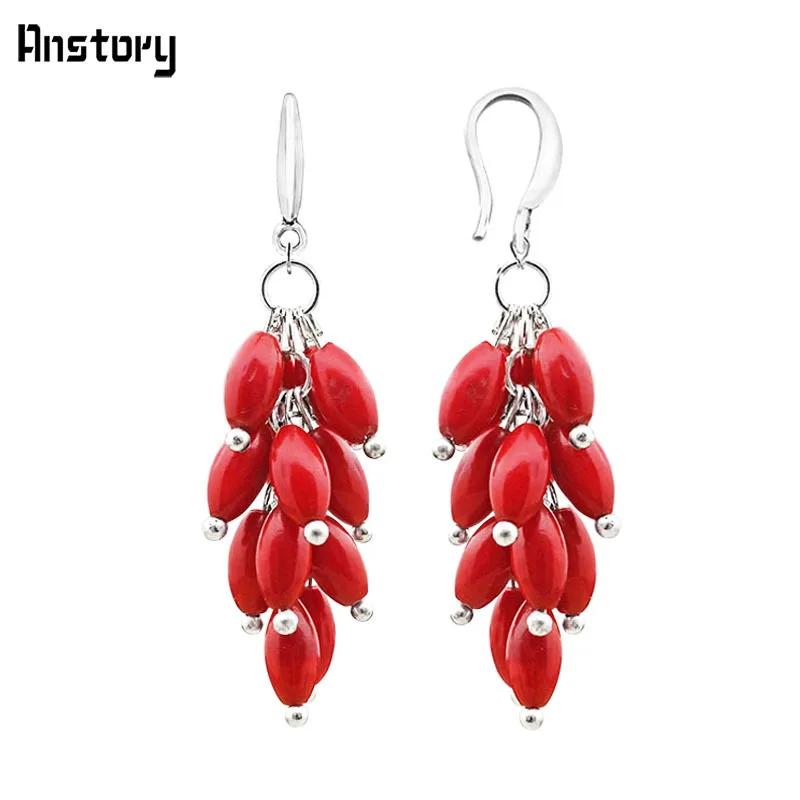 Кластера натуральный красный коралл Bead Hook Earrings для Для женщин личности Дизайн