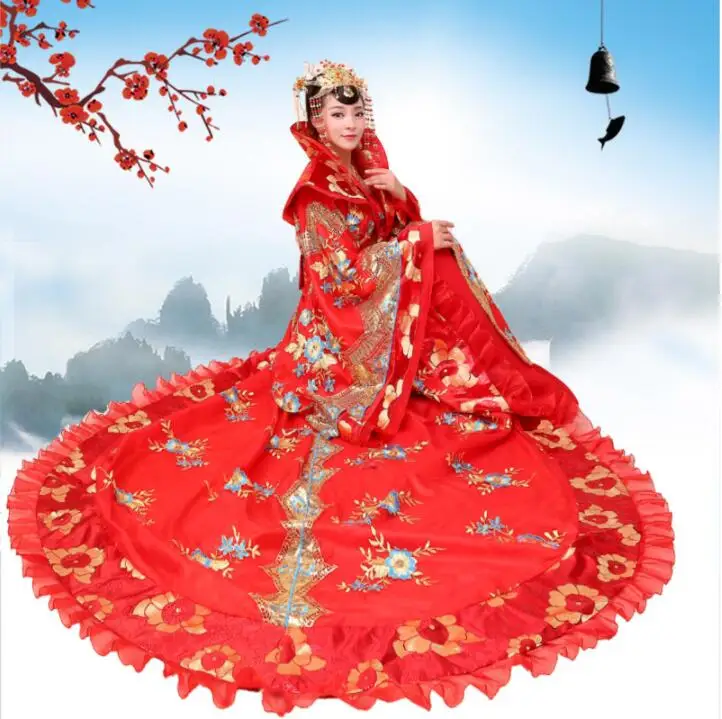 

Elegent Trailing royal queen Outfit chinese ancient tang ming dynasty princess costume fairy stage Dress Suzhou embroidery POP