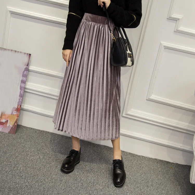 New Fashion Women Velvet Pleated Skirt High Waist Skirts