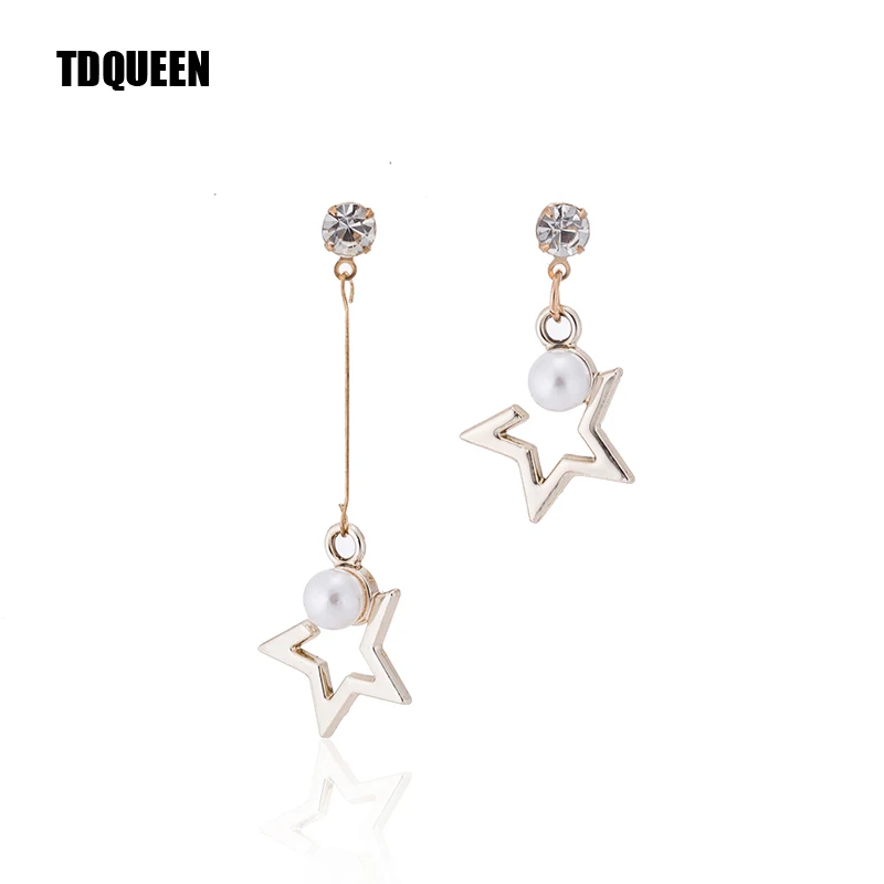 

TDQUEEN Korean Women Asymmetrical Dangle Earrings Temperament Metal Star With Round Pearl Female Pendant Statement Drop Earring