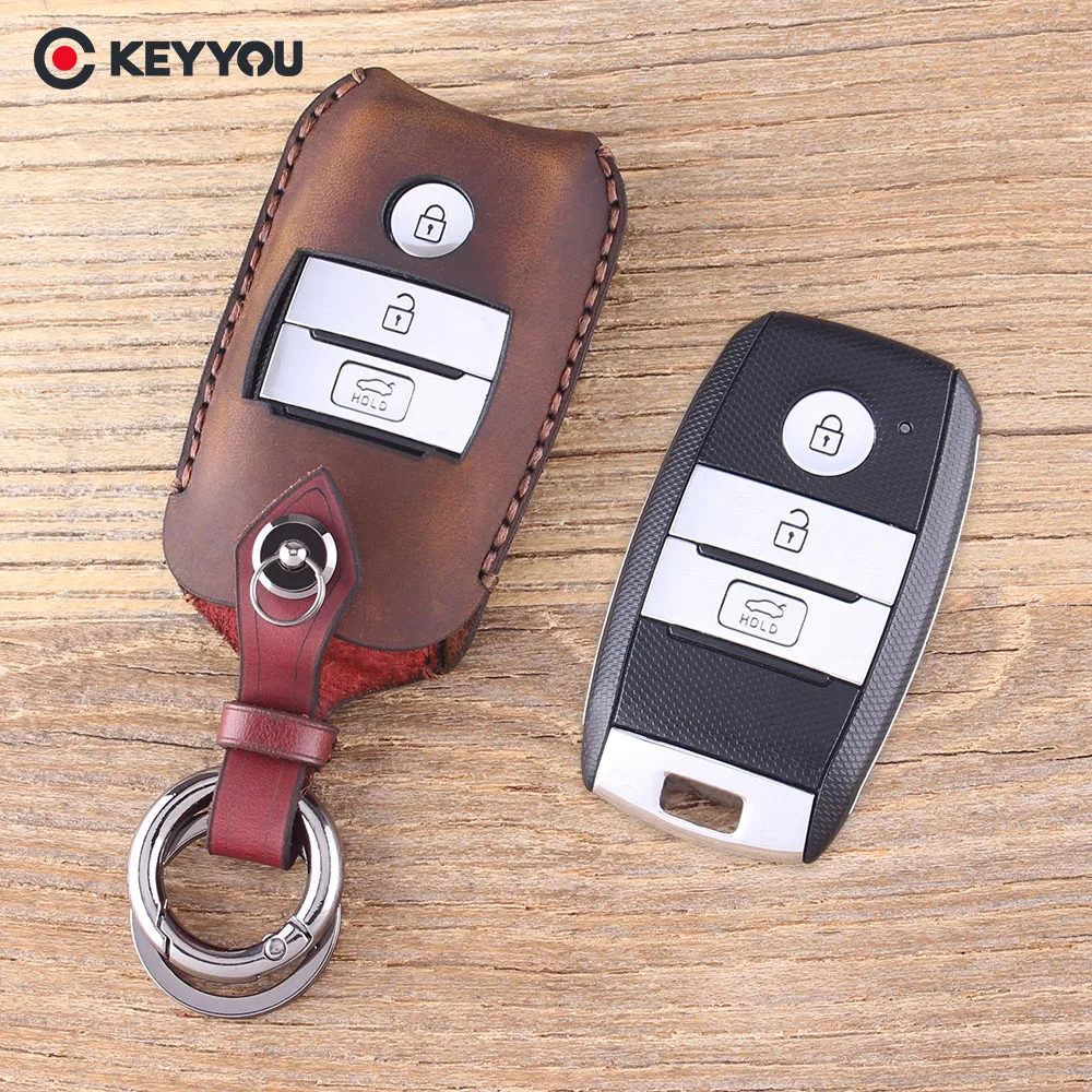 

KEYYOU Remote Key Shell Case Fob 3 Buttons Genuine Leather Protector Key Cover For Kia K3 K4 K5 Sorento Sportage Car Key