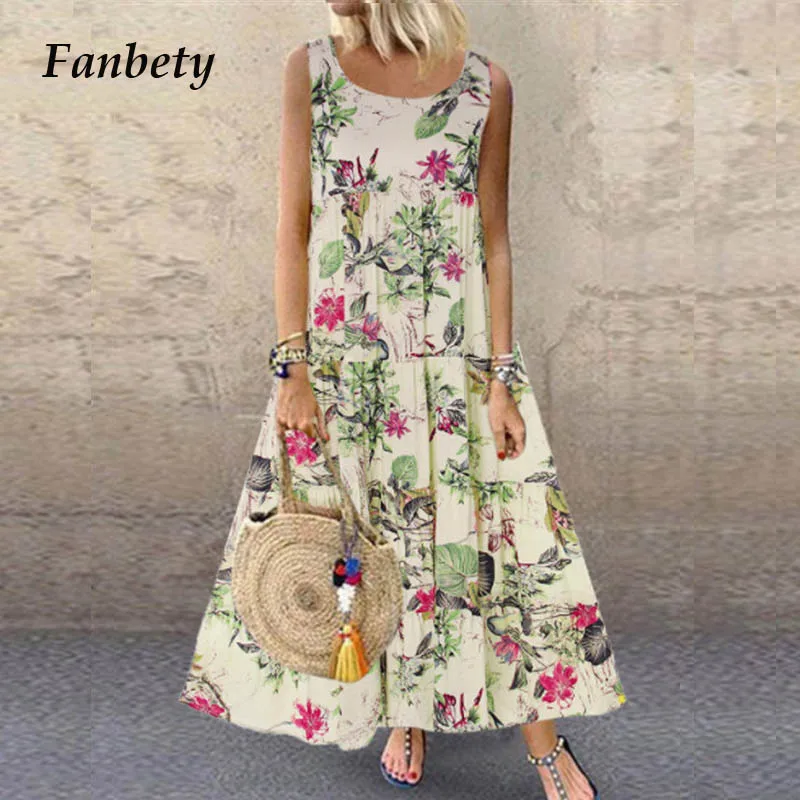 

Fanbety Floral Print Vintage Sleeveless Long Maxi Dress Women Plus Size Boho O-Neck Summer Dress New Casual Ankle-Length Dress
