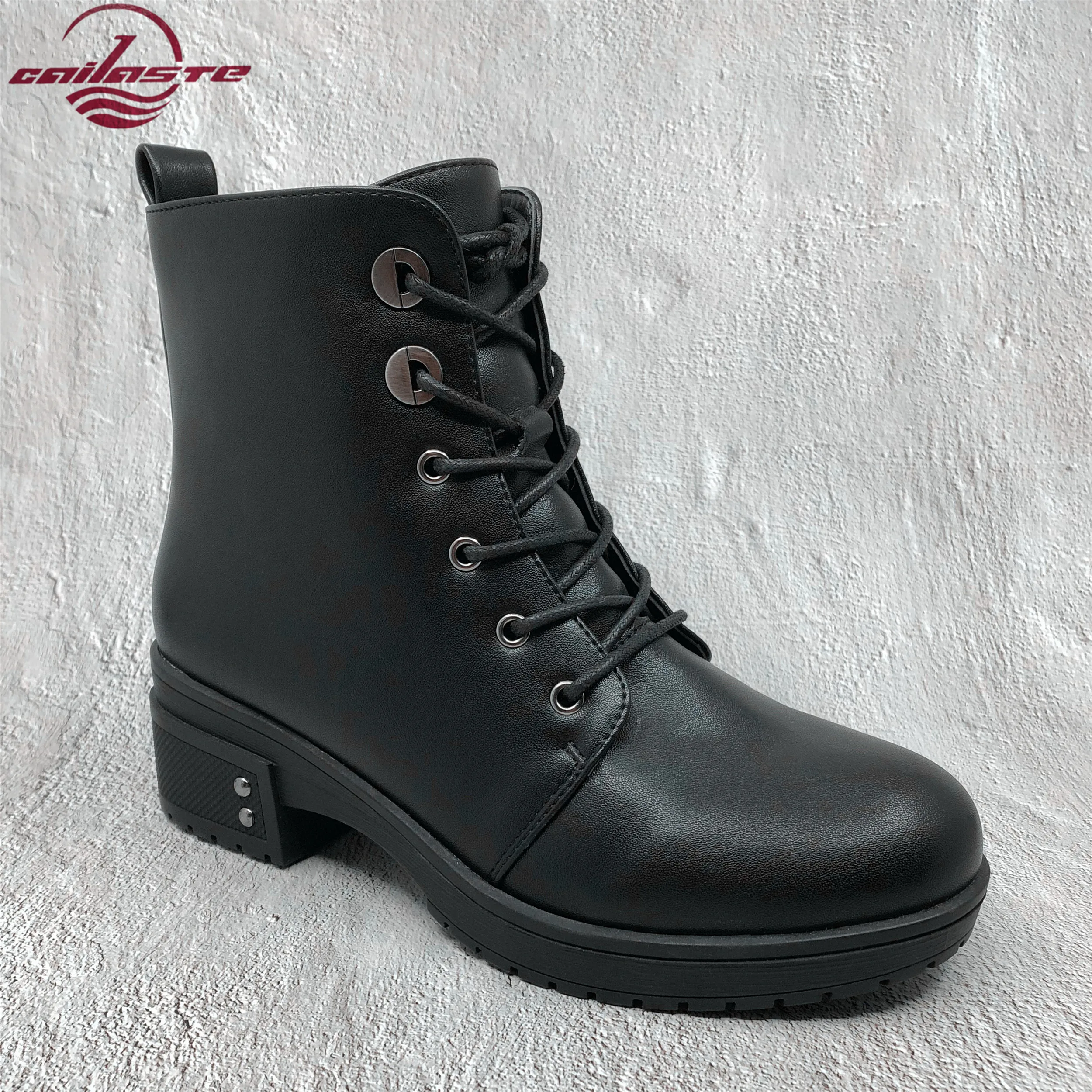 

CAILASTE Mid high heel leather ankle boots for women round toe lace up zipper warm fur plush insole platform shoes for ladies