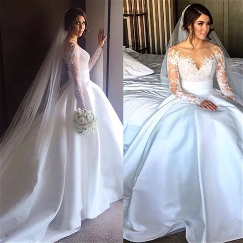2016 Sweetheart Top Lace Satin A Line Long Wedding Dress